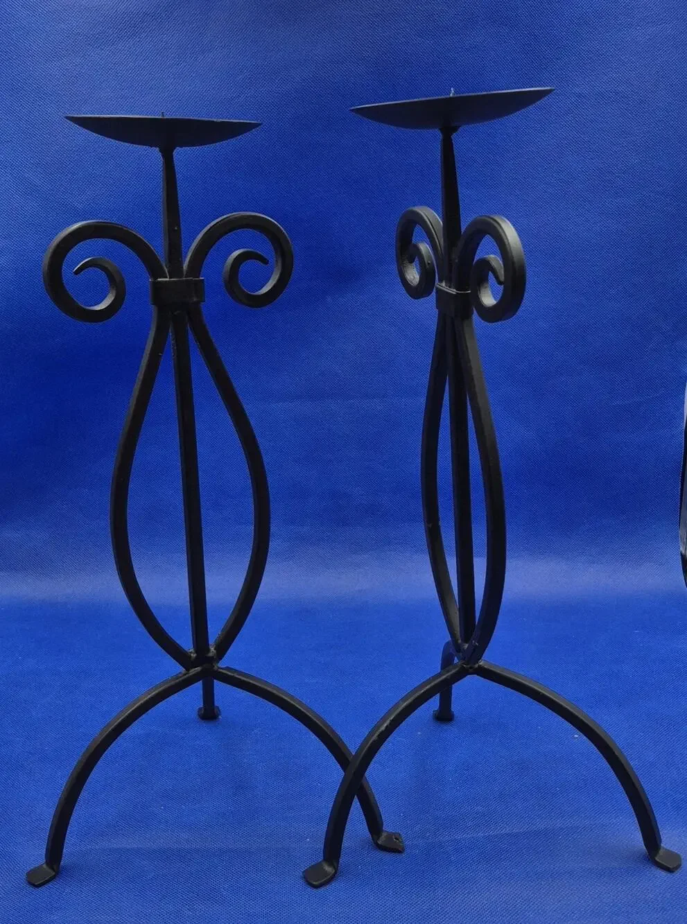 Two Vintage Wrought Iron Tripod Pillar Candle Holders 15.5